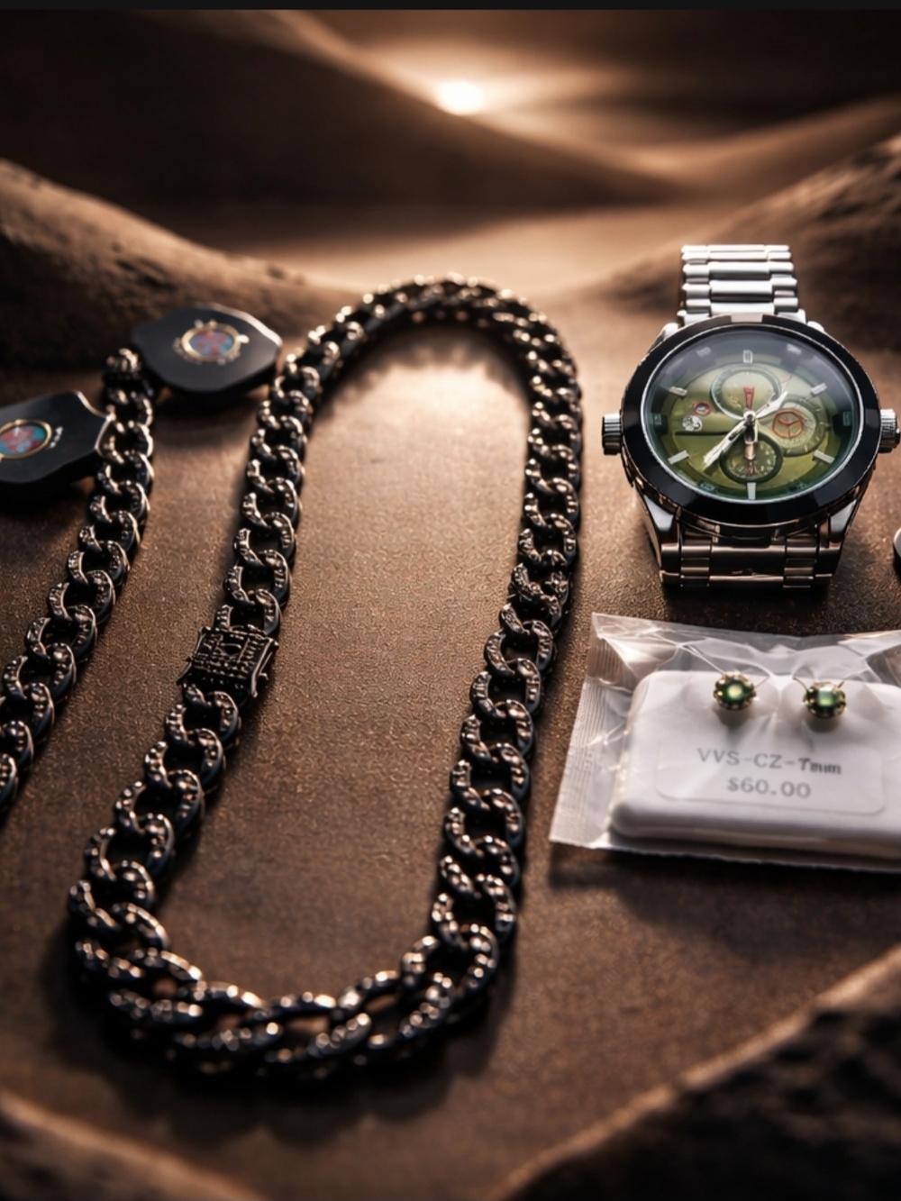 Black Figaro Necklace &Bracelet with Greèn dial Watch &Round Emerald  Earrings